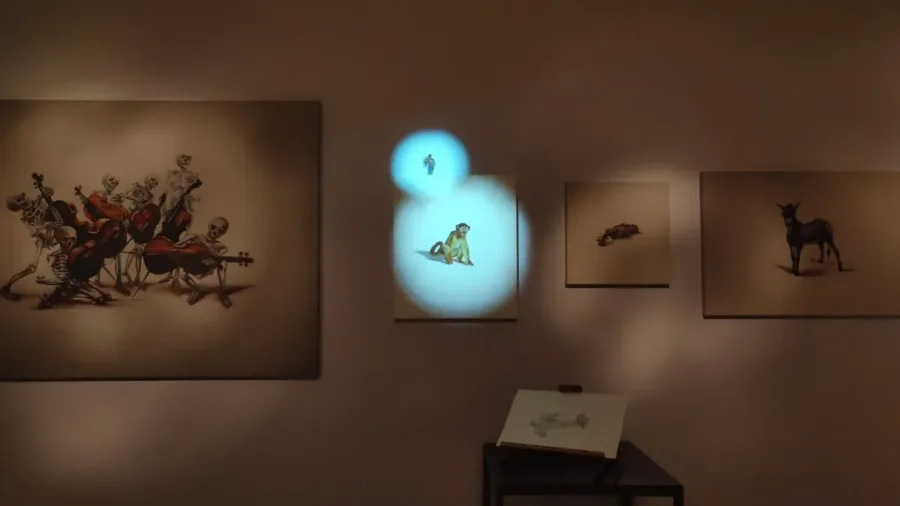 3d Ausstellung: Animation mit Projektor. Ein Pavian jagt Piloten. Skullmapping Mainz Indoor