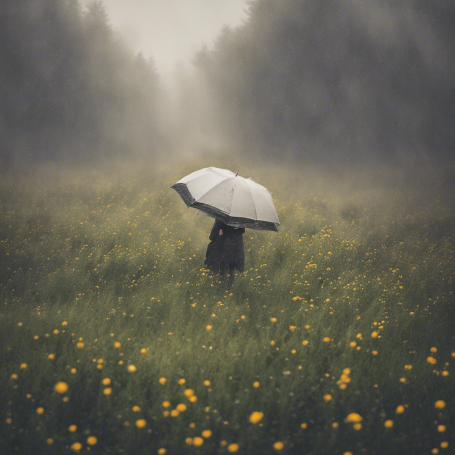 Frau auf einer gelben Blumenwiese mit Regenschirm. Im Hintergrund ein Wald im Regennebel.
